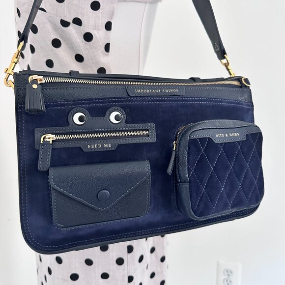 Anya Hindmarch Multi-Pocket Satchel Shoulder Bag – Navy Suede with Frog Eyes 👀 - Picture 6 of 12